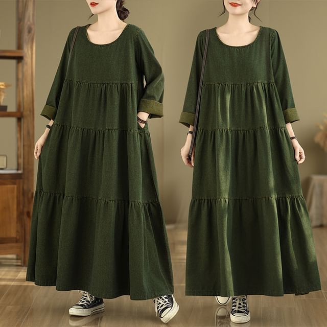 Supernova-Long-Sleeve U-Neck Plain Maxi A-Line Dress