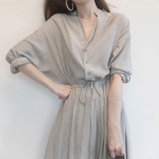 Happo-Puff-Sleeve Midi A-Line Dress