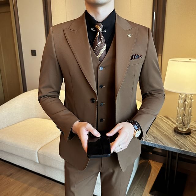 Blueforce-Set Button-Up Plain Blazer V-Neck Vest Dress Pants