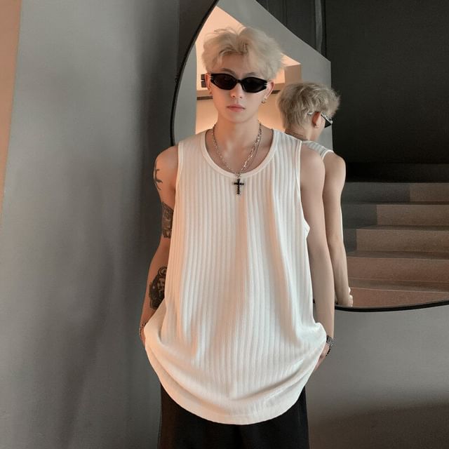 Freehop-Round Neck Plain Ribbed Tank Top