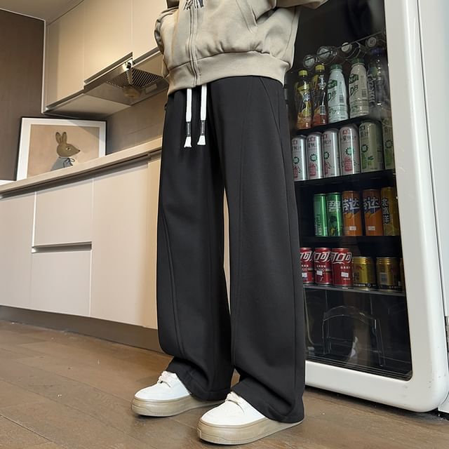 FOEV-Drawstring Waist Plain Straight Leg Sweatpants