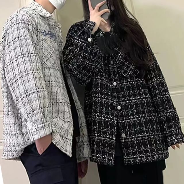 GRAYCIOUS-Collared Lettering Embroidered Tweed Button-Up Jacket