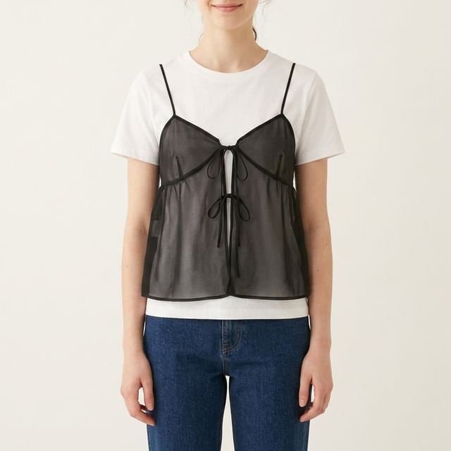 Melon Juice-L Plain Bow Mesh Camisole Top
