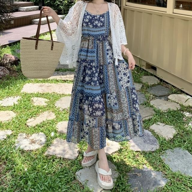 Acoustic Rain - Spaghetti Strap Scoop Neck Patterned Maxi A-Line Dress /  Lace Scarf | YesStyle