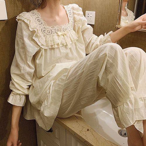 Jilliana - Pajama Set: Plain Lace Trim Shirt + Camisole Top + Pants