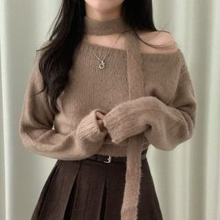 Coris-Set Off-Shoulder Plain Sweater Scarf