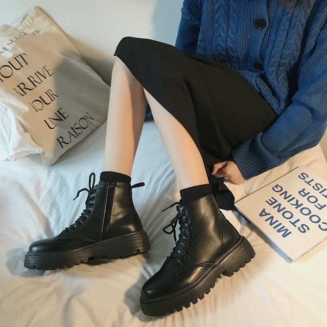 Anran-Faux-Leather Lace-Up Platform Boots