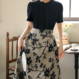 aistera Short-Sleeve Mandarin Collar Floral Panel Midi A-Line Dress