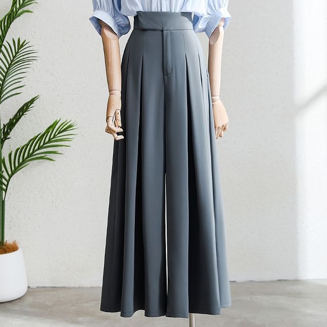 Melon Juice-High Rise Plain Pleated Wide Leg Slacks