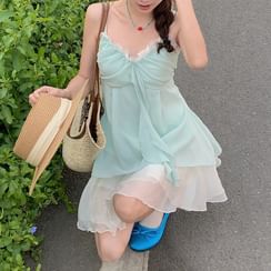 V-Neck Plaid Ruffled-Trim Bow Accent A-Line Camisole Top / Short Sleeve Top