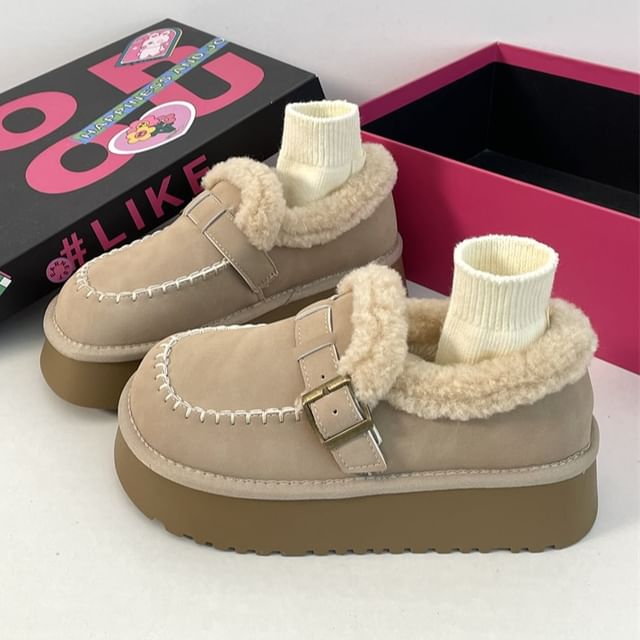 STEPUP-Buckled Fluffy Trim Platform Loafers