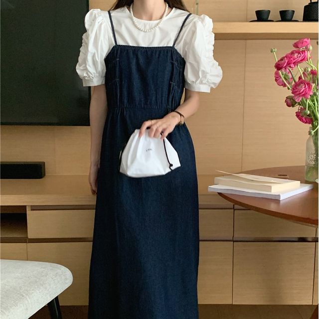Brigitte - Set of 2: Short-Sleeve Ruched Plain Blouse / Spaghetti-Strap  Plain Denim Maxi Dress | YesStyle