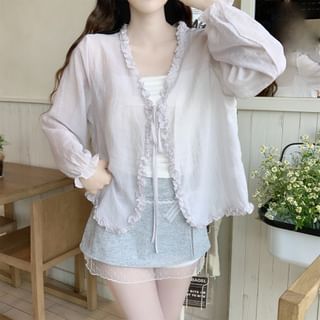 monroll V-Neck Frill Trim Tie Front Plain Light Jacket Sale