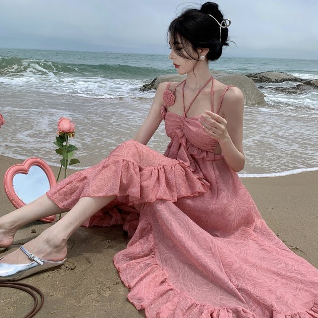 slim fit dress slacks Baby Blue Floral Print Halter Midi Dress