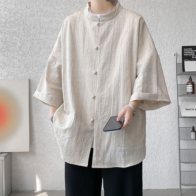 Orungeetun-34-Sleeve Plain Button-Up Shirt
