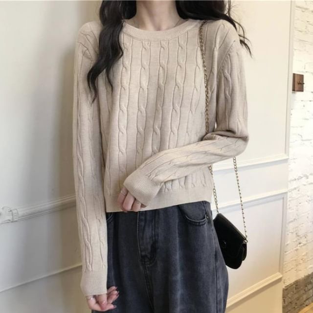 Sisyphi-Crew Neck Plain Cable Knitted Cropped Sweater
