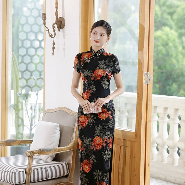 Golden Flowers - Short-Sleeve Floral Qipao Dress | YesStyle