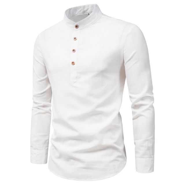 YIKES-Long-Sleeve Stand Collar Plain Overhead Shirt