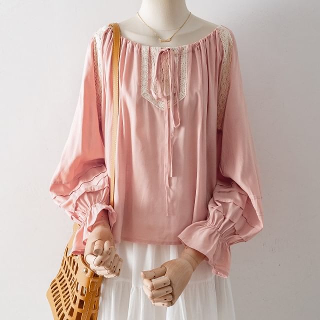 Cossita-Puff-Sleeve Lace Panel Drawstring Blouse