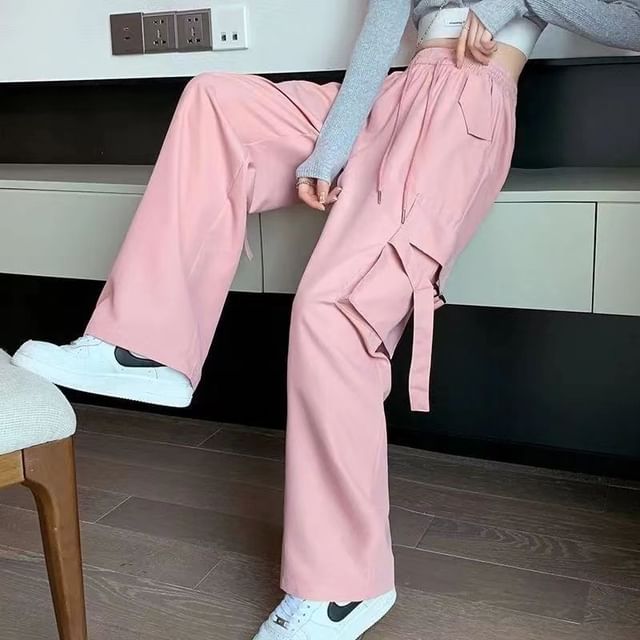 Everose-Elastic Waist Plain Cargo Pants