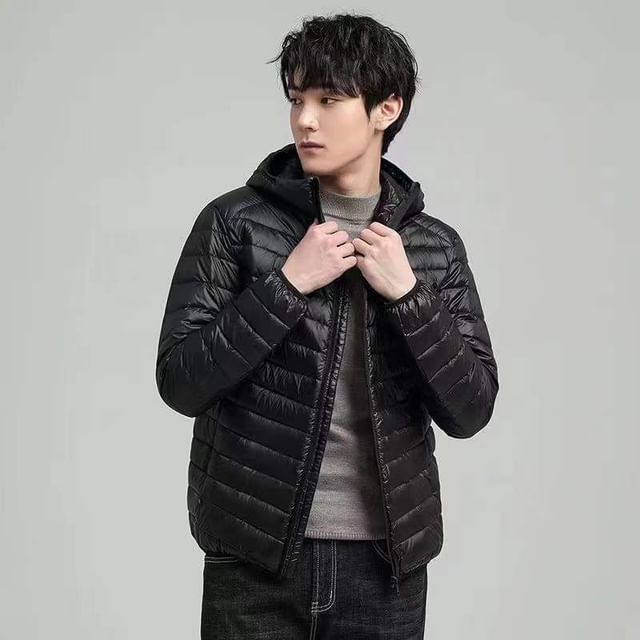 YIKES-Stand Collar Plain Hood Zip Puffer Jacket