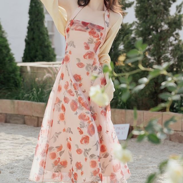Set: Halter-Neck Floral Print Midi A-Line Dress + Plain Shrug