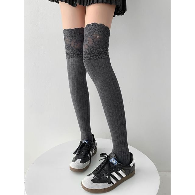 Shira-Lace-Trim Long Socks in 6 Colors
