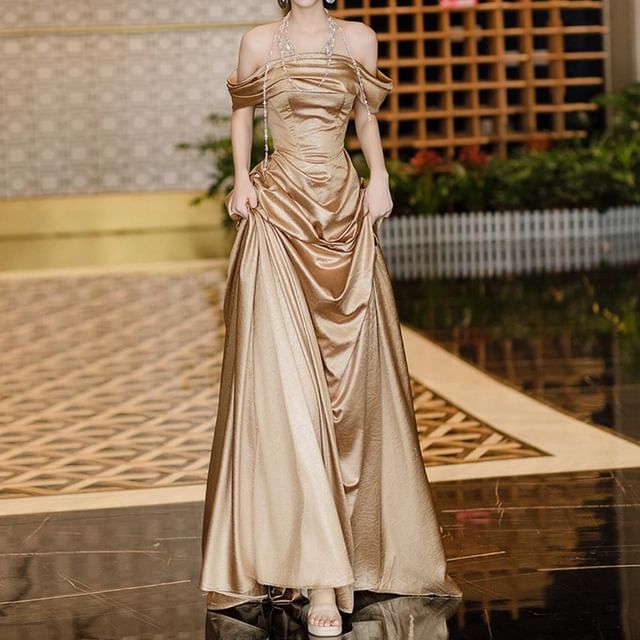Fioridi-Off-Shoulder Plain Ruched A-Line Evening Gown