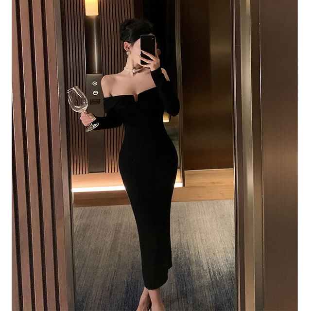 knee length dresses for ladies Rose Black Bodycon Maxi Dress for Women, Classic Black, Polyester and Lace, Off-Shoulder Neckline, Pencil Style main image 0