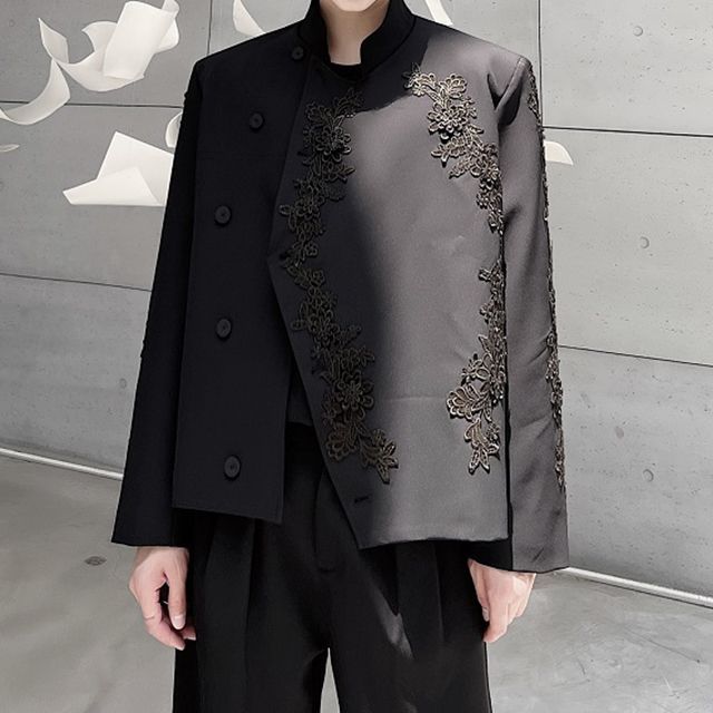 Bjorn Crochet Lace Panel Stand Collar Blazer YesStyle