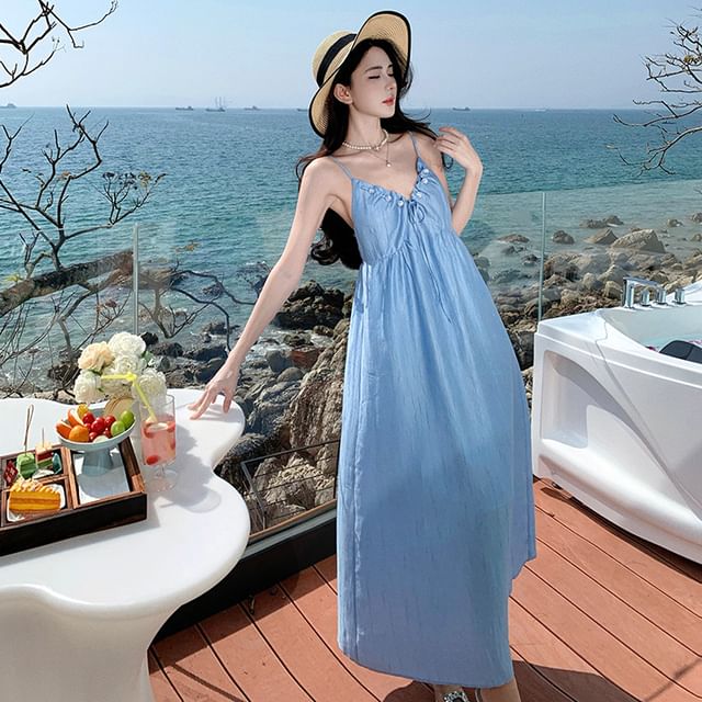 Moanum-Spaghetti Strap V-Neck Plain Maxi A-Line Dress