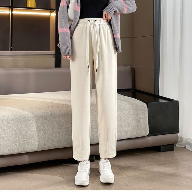 Everose-Drawstring Waist Plain Sweatpants