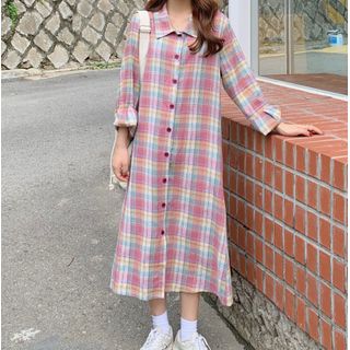 plaid midi shirt dress