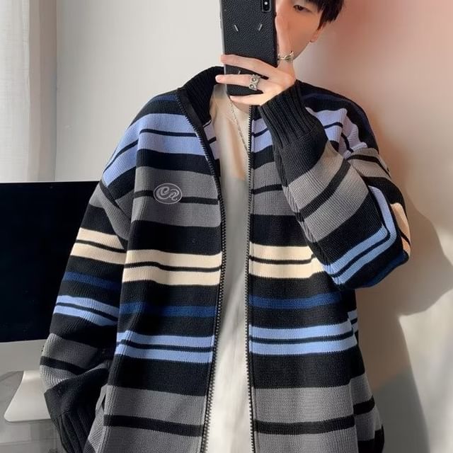 Neonity Wear-Striped Zip-Up Cardigan