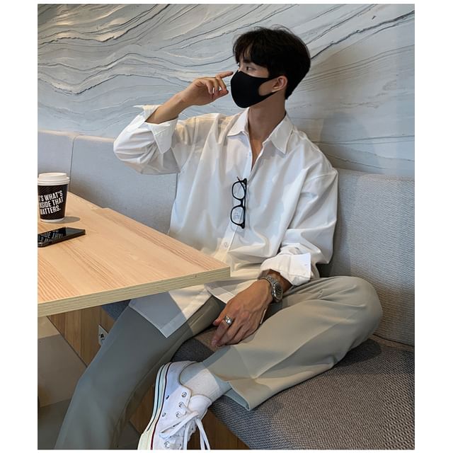 DuckleBeam-Long-Sleeve Collared Plain Shirt