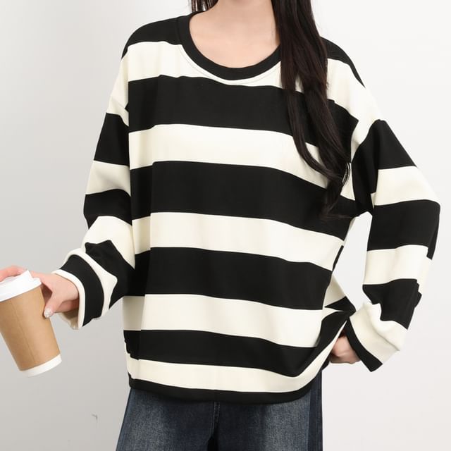 Magimomo-Long Sleeve Drop Shoulder Crew Neck Striped Oversized Pullover