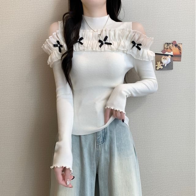 Ukiyo Long-Sleeve Mock Neck Cold-Shoulder Bow Ruffle Trim Knit