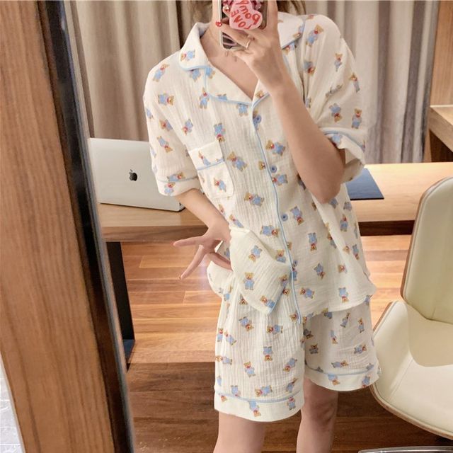 monroll Short-Sleeve Bear Print Button-Up Pajama Top (Various