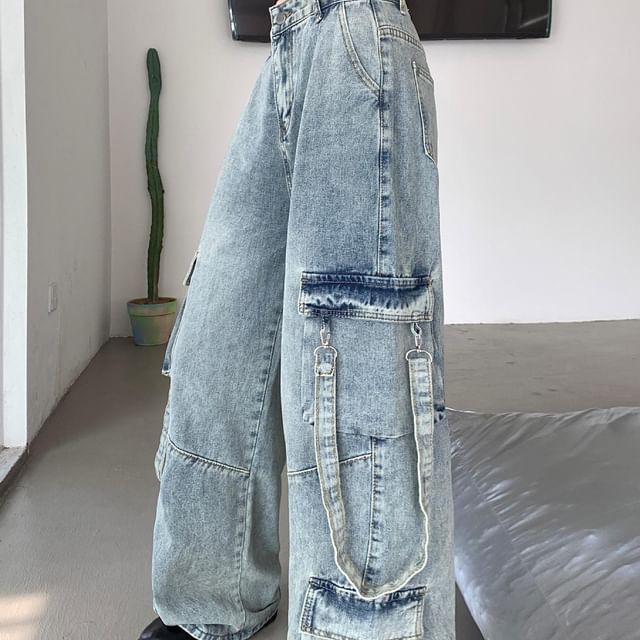 Kenning-Mid Rise Washed Wide Leg Cargo Jeans