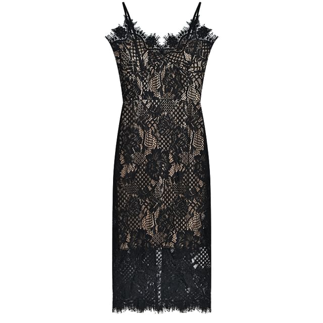 NENE Spaghetti Strap Floral Lace Bodycon Midi Dress YesStyle