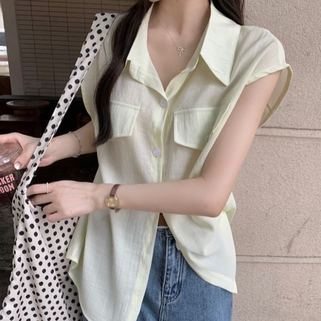 KUMI-Cap-Sleeve Collared Button-Up Plain Blouse