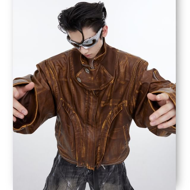 kooklay-Stand Collar Washed Panel Faux Leather Zip Jacket