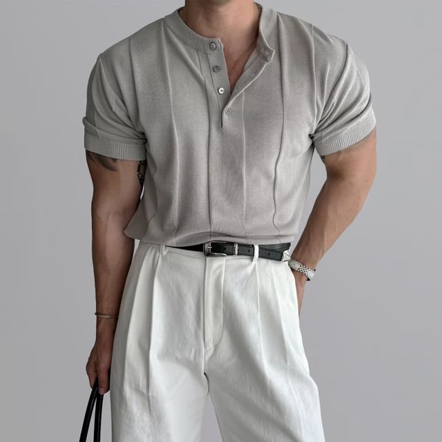 DuckleBeam-Short-Sleeve Henley Plain Knit Top