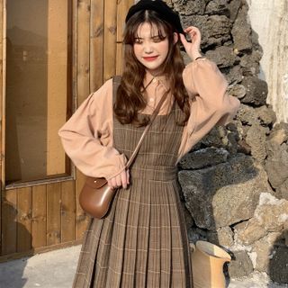 brown plaid button pleated midi dress Rydal Check Button Up Midi Dress - Brown | Disturbia main image 0
