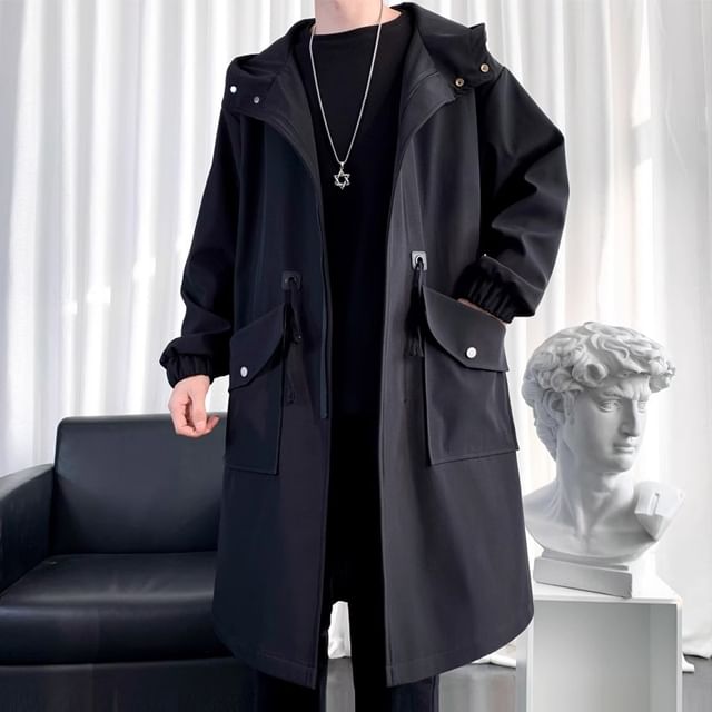 emeisa-Plain Hooded Midi Zip Coat