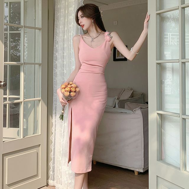 Poppinta Spaghetti Strap Plain Floral Midi Bodycon Dress YesStyle