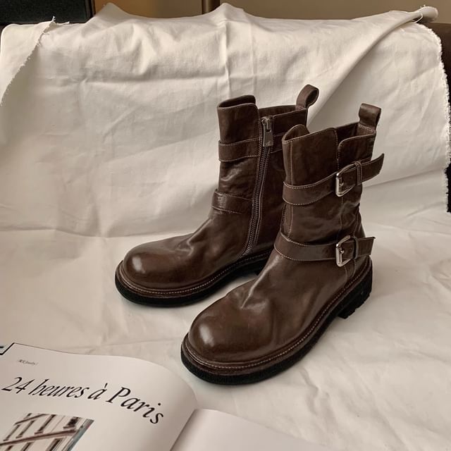 FRAISO-Platform Plain Buckled Genuine Leather Short Boots