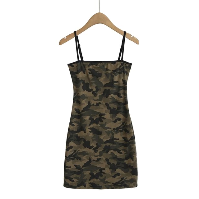 Ulark-Spaghetti Strap Camouflage Mini Sheath Dress