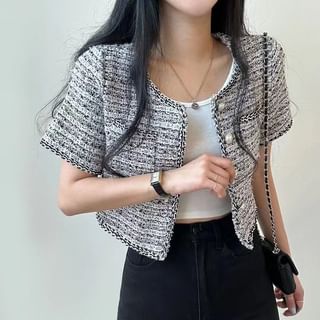 MIKIGA Short Sleeve Single Breasted Tweed Crop Blazer Sale