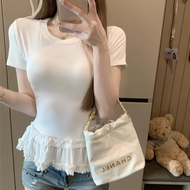 Striinkie-Short-Sleeve Crewneck Lace Panel Top